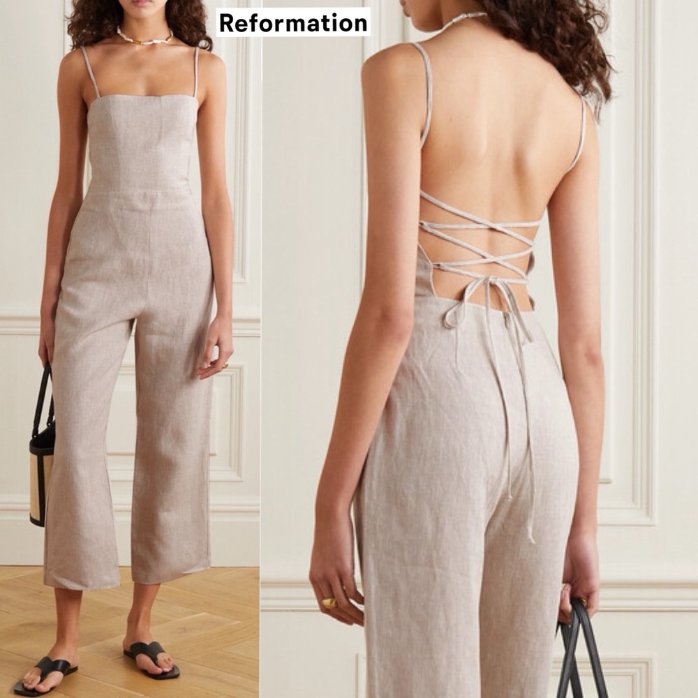 Reformation Huntington Open Back Linen Jumpsuit 12 Oatmeal Wide Leg Lace Up - Picture 1 of 16